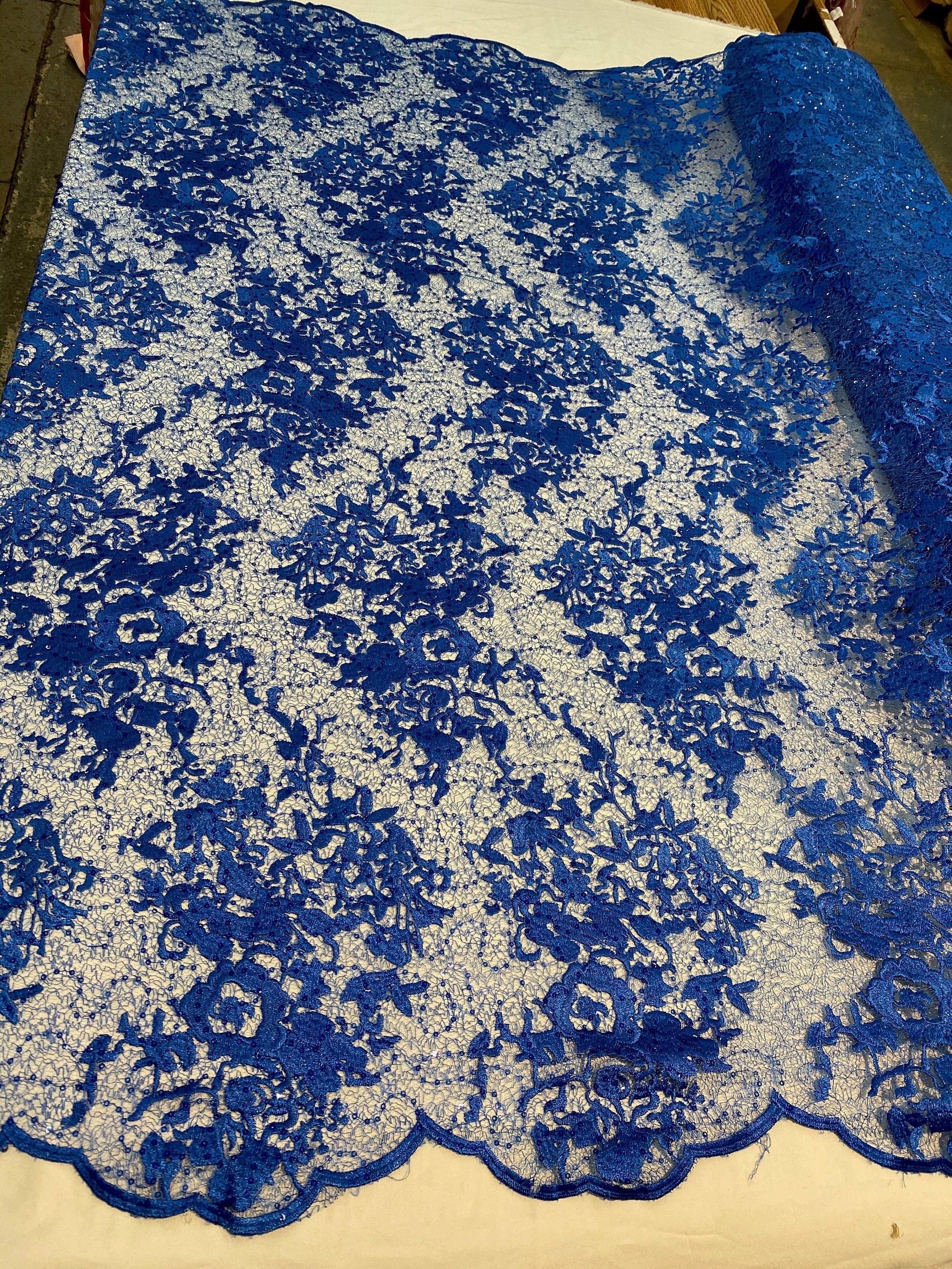 Hanna ROYAL BLUE Polyester Floral Embroidery with Sequins on Web Mesh Lace Fabric by the Yard for Gown, Wedding, Bridesmaid, Prom - 10165