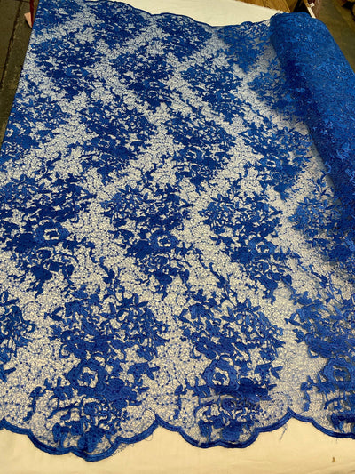 Hanna ROYAL BLUE Polyester Floral Embroidery with Sequins on Web Mesh Lace Fabric by the Yard for Gown, Wedding, Bridesmaid, Prom - 10165