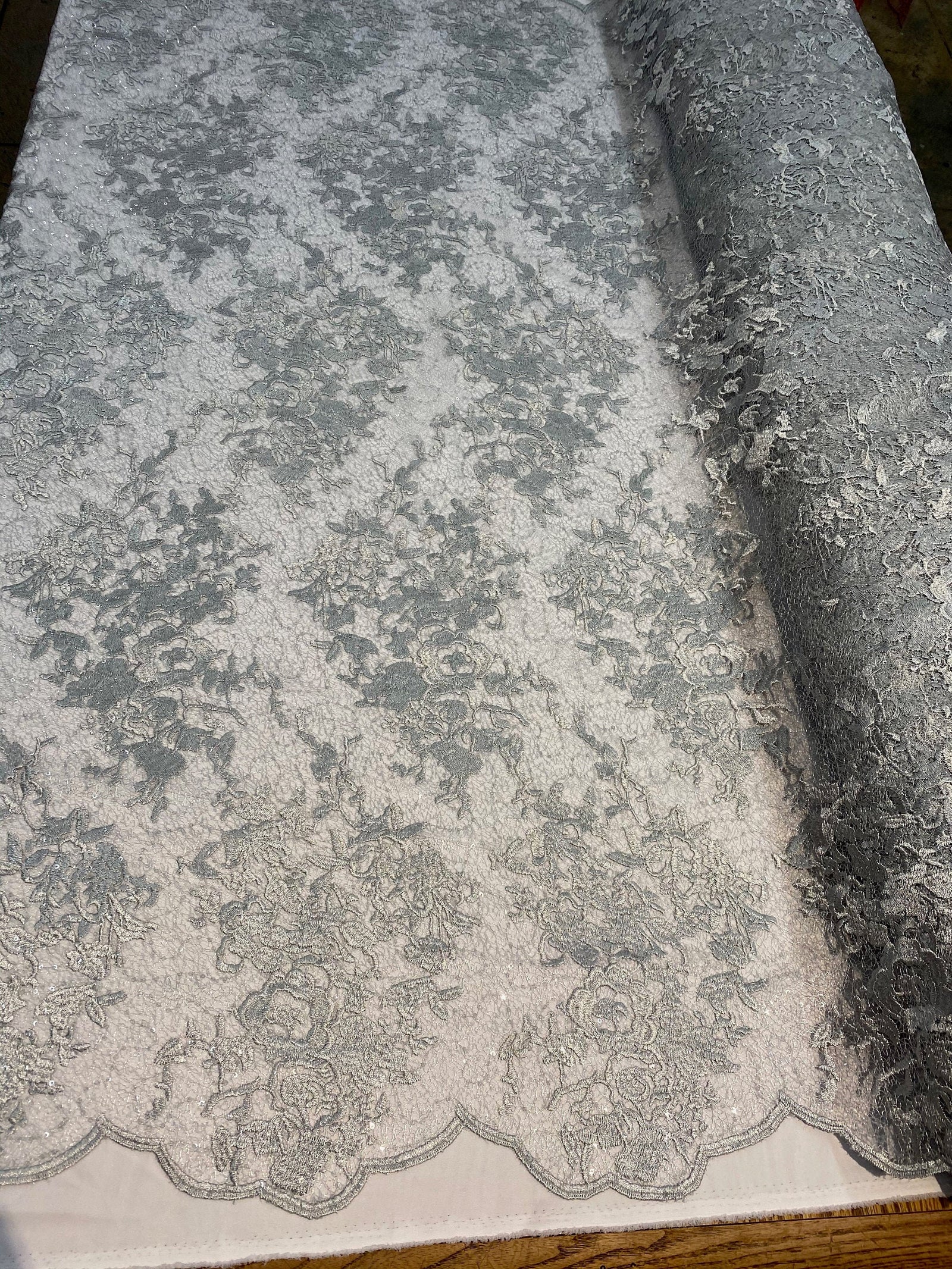 Hanna SILVER Polyester Floral Embroidery with Sequins on Web Mesh Lace Fabric by the Yard for Gown, Wedding, Bridesmaid, Prom - 10165