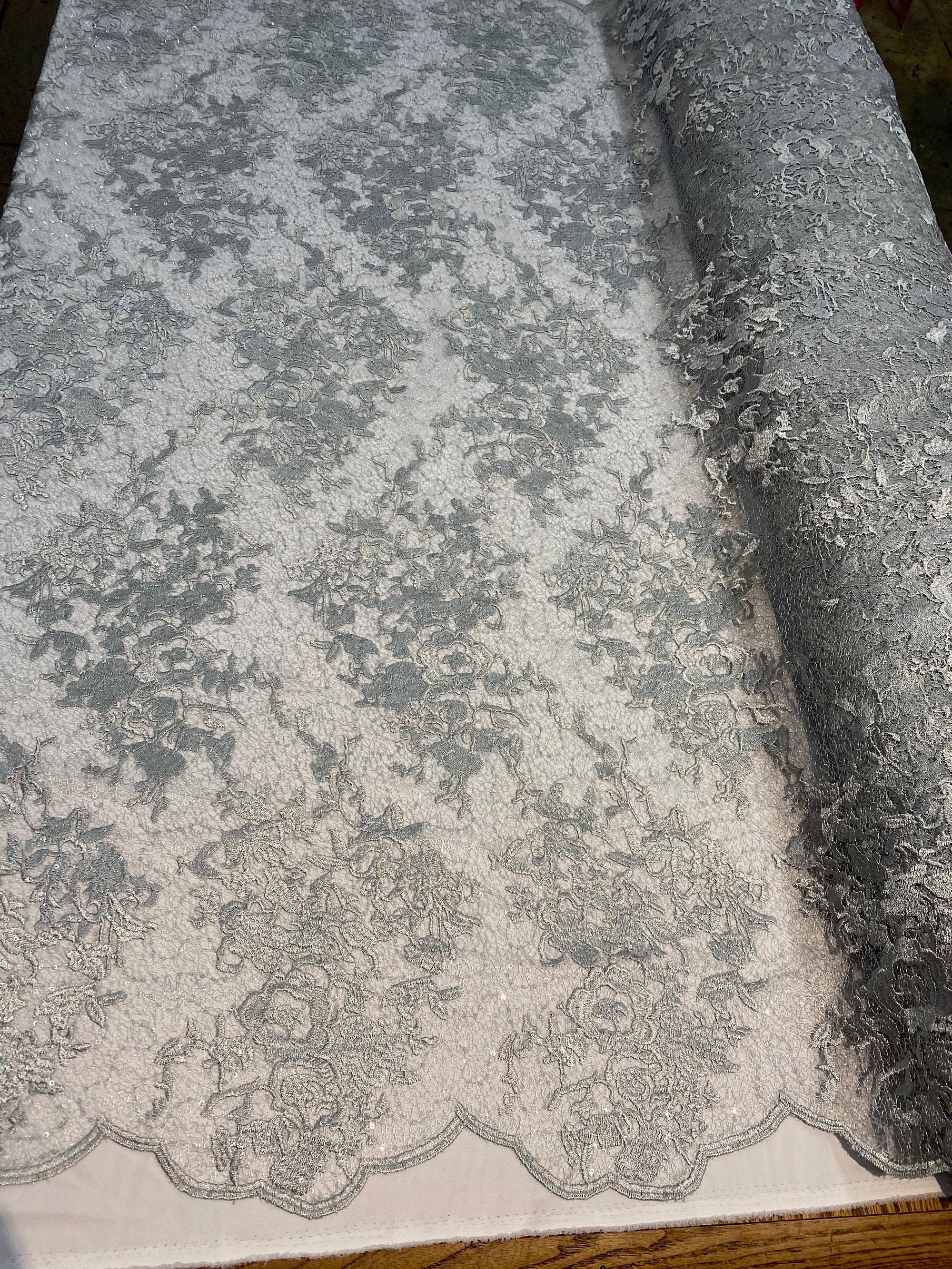 Hanna SILVER Polyester Floral Embroidery with Sequins on Web Mesh Lace Fabric by the Yard for Gown, Wedding, Bridesmaid, Prom - 10165