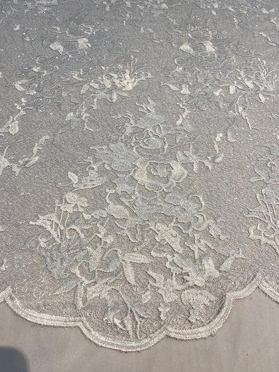 Hanna WHITE Polyester Floral Embroidery with Sequins on Web Mesh Lace Fabric by the Yard for Gown, Wedding, Bridesmaid, Prom - 10165