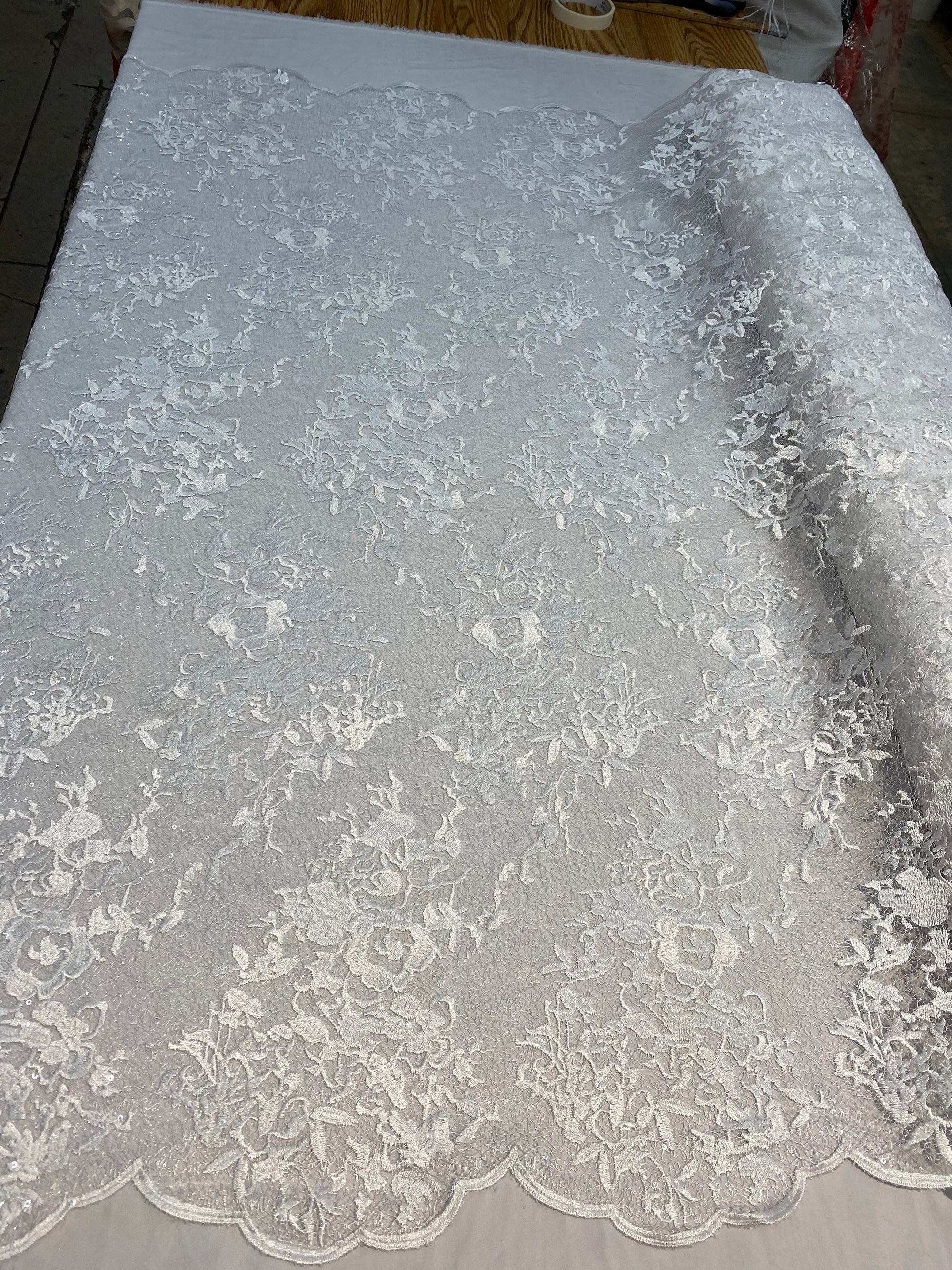 Hanna WHITE Polyester Floral Embroidery with Sequins on Web Mesh Lace Fabric by the Yard for Gown, Wedding, Bridesmaid, Prom - 10165