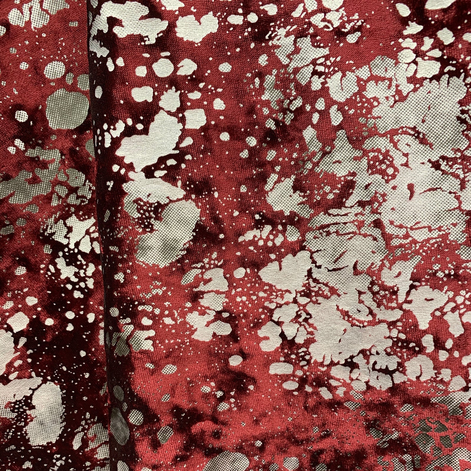 Sutton BURGUNDY Splatter Print on Polyester Stretch Velvet for Bows, Topknot, Scrunchies, Clothes, Costumes, Crafts - 10171