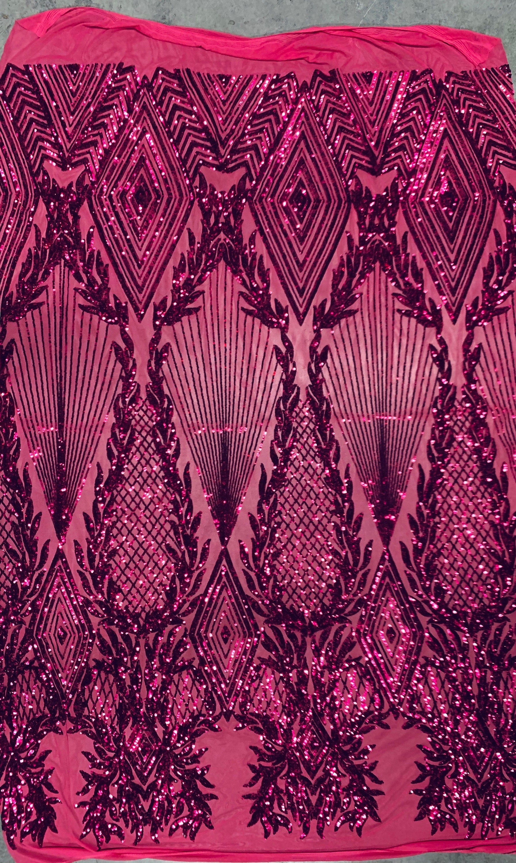 Francesca DARK PINK Vines and Diamonds Pattern Sequins on Dark Pink Mesh Lace Fabric by the Yard - 10130