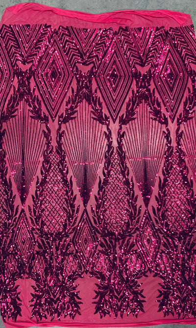 Francesca DARK PINK Vines and Diamonds Pattern Sequins on Dark Pink Mesh Lace Fabric by the Yard - 10130