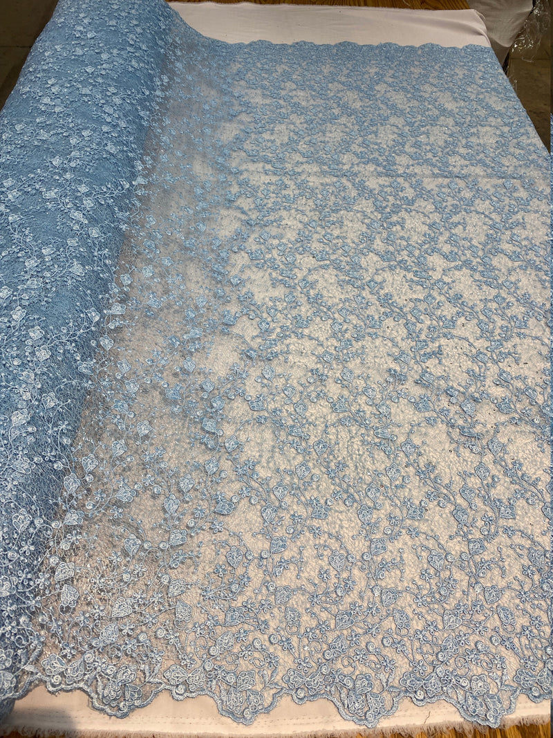 Braelyn BABY BLUE Polyester Floral Embroidery with Sequins on Web Mesh Lace Fabric by the Yard for Gown, Wedding, Bridesmaid, Prom - 10166