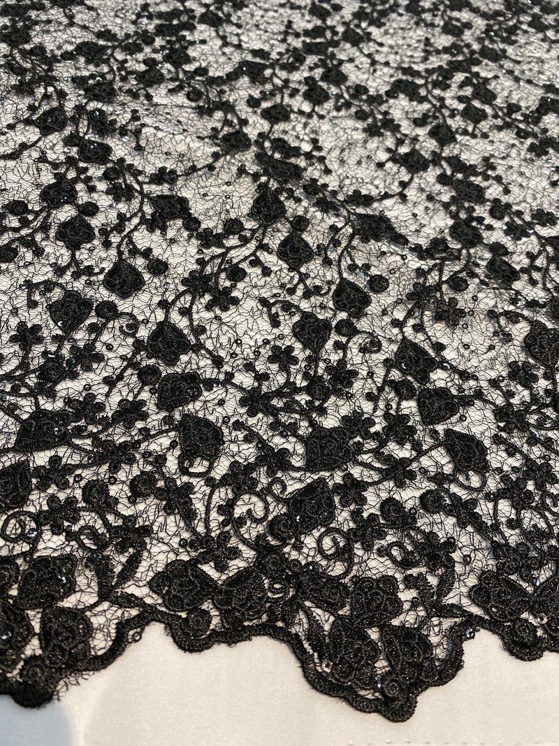 Braelyn BLACK Polyester Floral Embroidery with Sequins on Web Mesh Lace Fabric by the Yard for Gown, Wedding, Bridesmaid, Prom - 10166