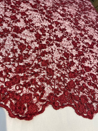 Braelyn BURGUNDY Polyester Floral Embroidery with Sequins on Web Mesh Lace Fabric by the Yard for Gown, Wedding, Bridesmaid, Prom - 10166