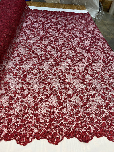 Braelyn BURGUNDY Polyester Floral Embroidery with Sequins on Web Mesh Lace Fabric by the Yard for Gown, Wedding, Bridesmaid, Prom - 10166
