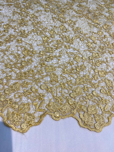 Braelyn GOLD Polyester Floral Embroidery with Sequins on Web Mesh Lace Fabric by the Yard for Gown, Wedding, Bridesmaid, Prom - 10166