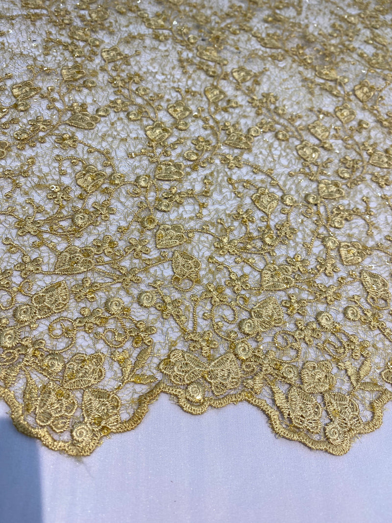Braelyn GOLD Polyester Floral Embroidery with Sequins on Web Mesh Lace Fabric by the Yard for Gown, Wedding, Bridesmaid, Prom - 10166