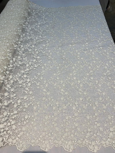 Braelyn IVORY Polyester Floral Embroidery with Sequins on Web Mesh Lace Fabric by the Yard for Gown, Wedding, Bridesmaid, Prom - 10166