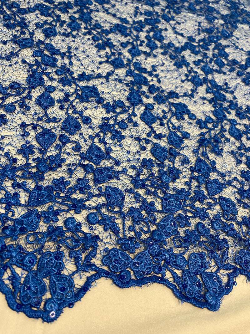 Braelyn ROYAL BLUE Polyester Floral Embroidery with Sequins on Web Mesh Lace Fabric by the Yard for Gown, Wedding, Bridesmaid, Prom - 10166