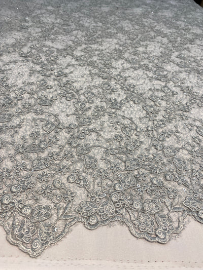 Braelyn SILVER Polyester Floral Embroidery with Sequins on Web Mesh Lace Fabric by the Yard for Gown, Wedding, Bridesmaid, Prom - 10166