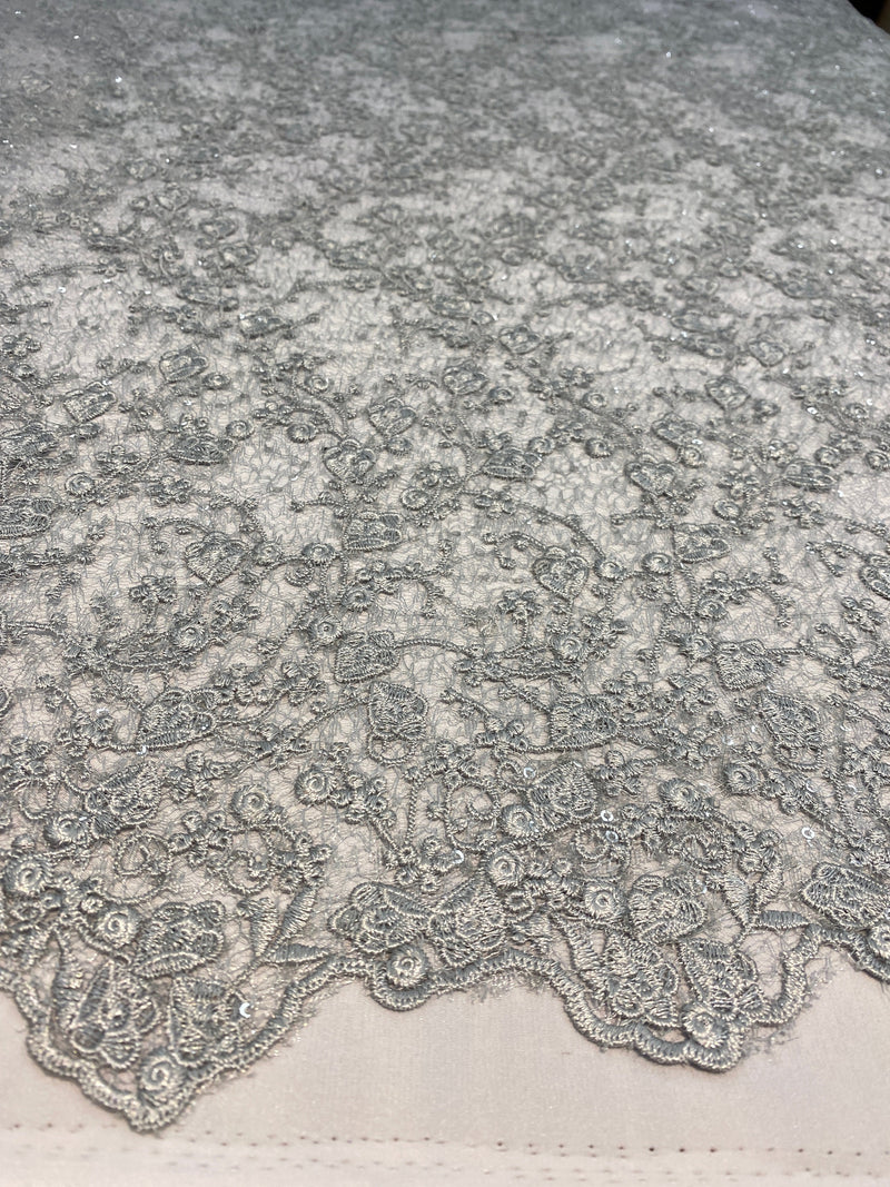 Braelyn SILVER Polyester Floral Embroidery with Sequins on Web Mesh Lace Fabric by the Yard for Gown, Wedding, Bridesmaid, Prom - 10166