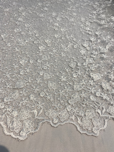 Braelyn WHITE Polyester Floral Embroidery with Sequins on Web Mesh Lace Fabric by the Yard for Gown, Wedding, Bridesmaid, Prom - 10166