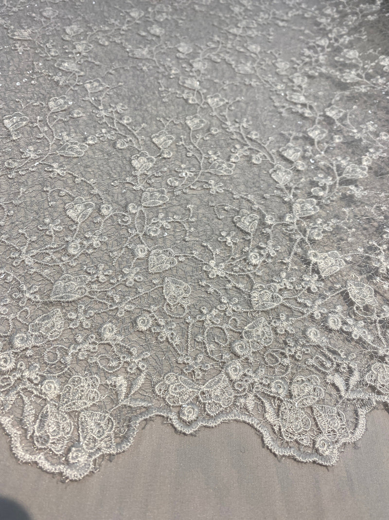 Braelyn WHITE Polyester Floral Embroidery with Sequins on Web Mesh Lace Fabric by the Yard for Gown, Wedding, Bridesmaid, Prom - 10166