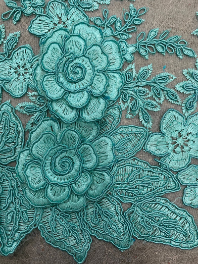 Alessia AQUA Polyester 3D Floral Embroidery on Mesh Lace Fabric by the Yard - 10174