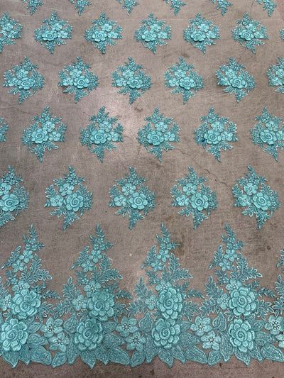 Alessia AQUA Polyester 3D Floral Embroidery on Mesh Lace Fabric by the Yard - 10174
