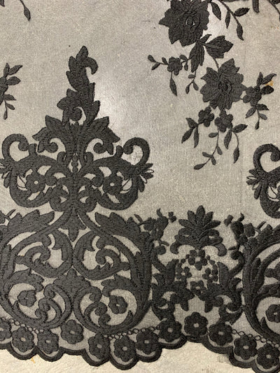 Teagan BLACK Damask Design Embroidered on Mesh Lace Fabric by the Yard - 10027