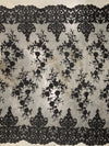 Teagan BLACK Damask Design Embroidered on Mesh Lace Fabric by the Yard - 10027