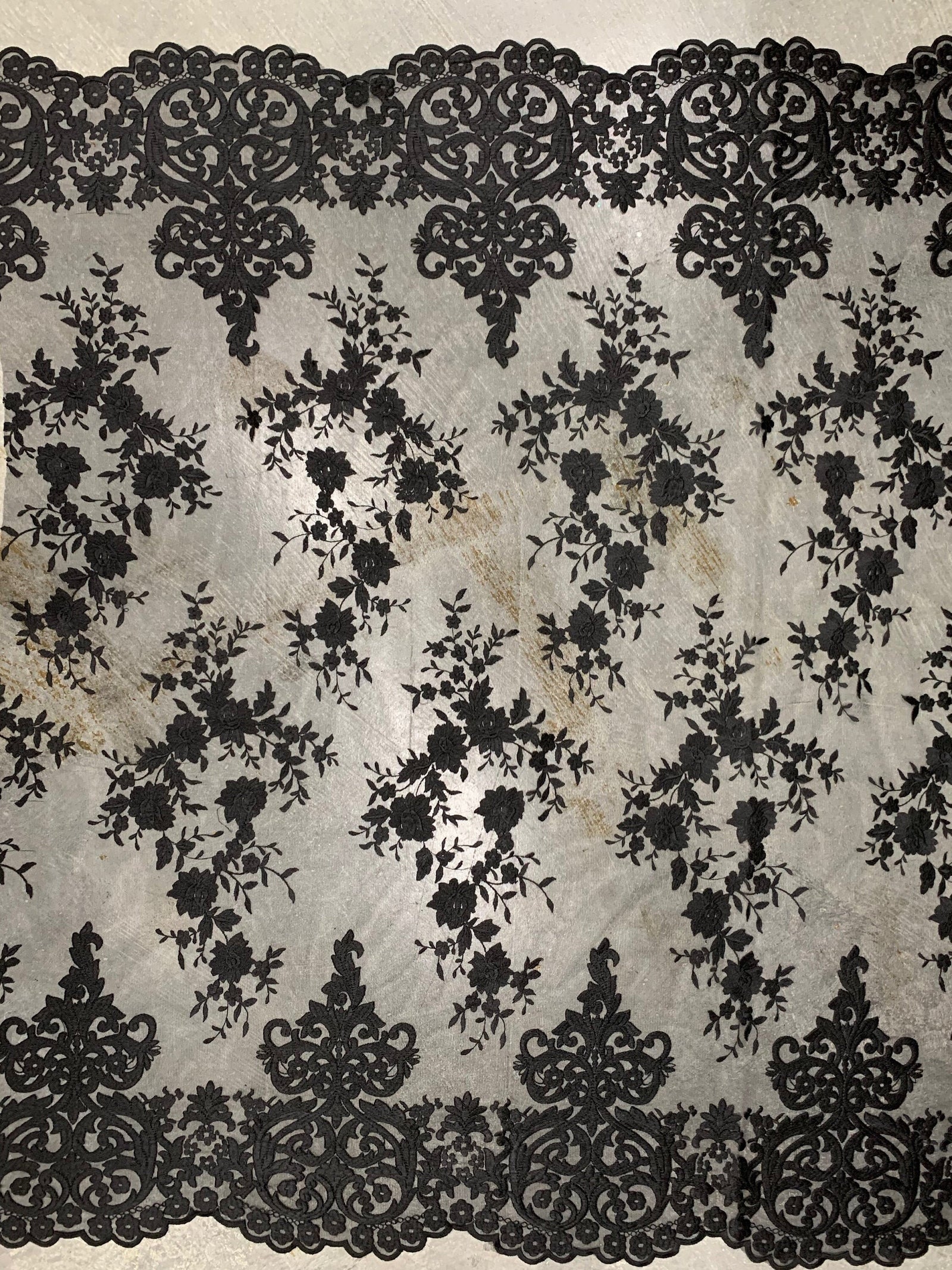 Teagan BLACK Damask Design Embroidered on Mesh Lace Fabric by the Yard - 10027