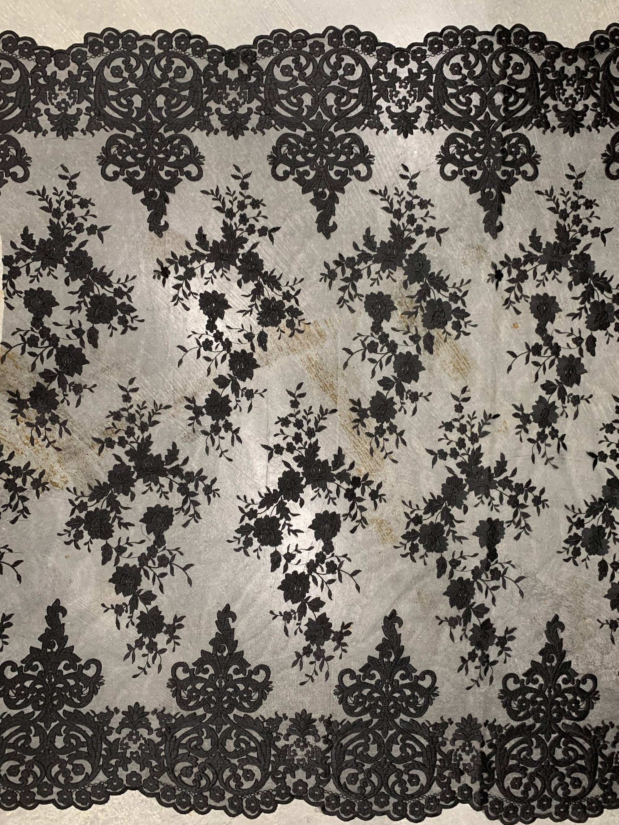 Teagan BLACK Damask Design Embroidered on Mesh Lace Fabric by the Yard - 10027