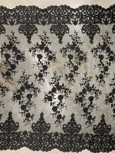 Teagan BLACK Damask Design Embroidered on Mesh Lace Fabric by the Yard - 10027
