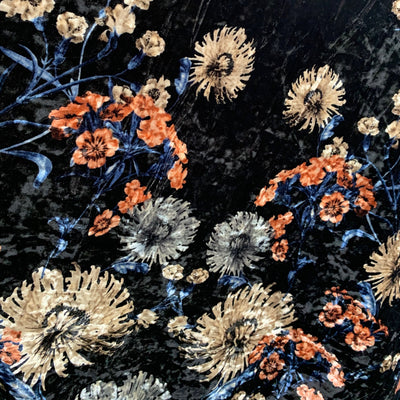 Beatrice FLORAL Print 1 on BLACK Polyester Crushed Stretch Velvet Fabric by the Yard for Tops, Clothes, Dance Wear, Costumes, Crafts - 10168