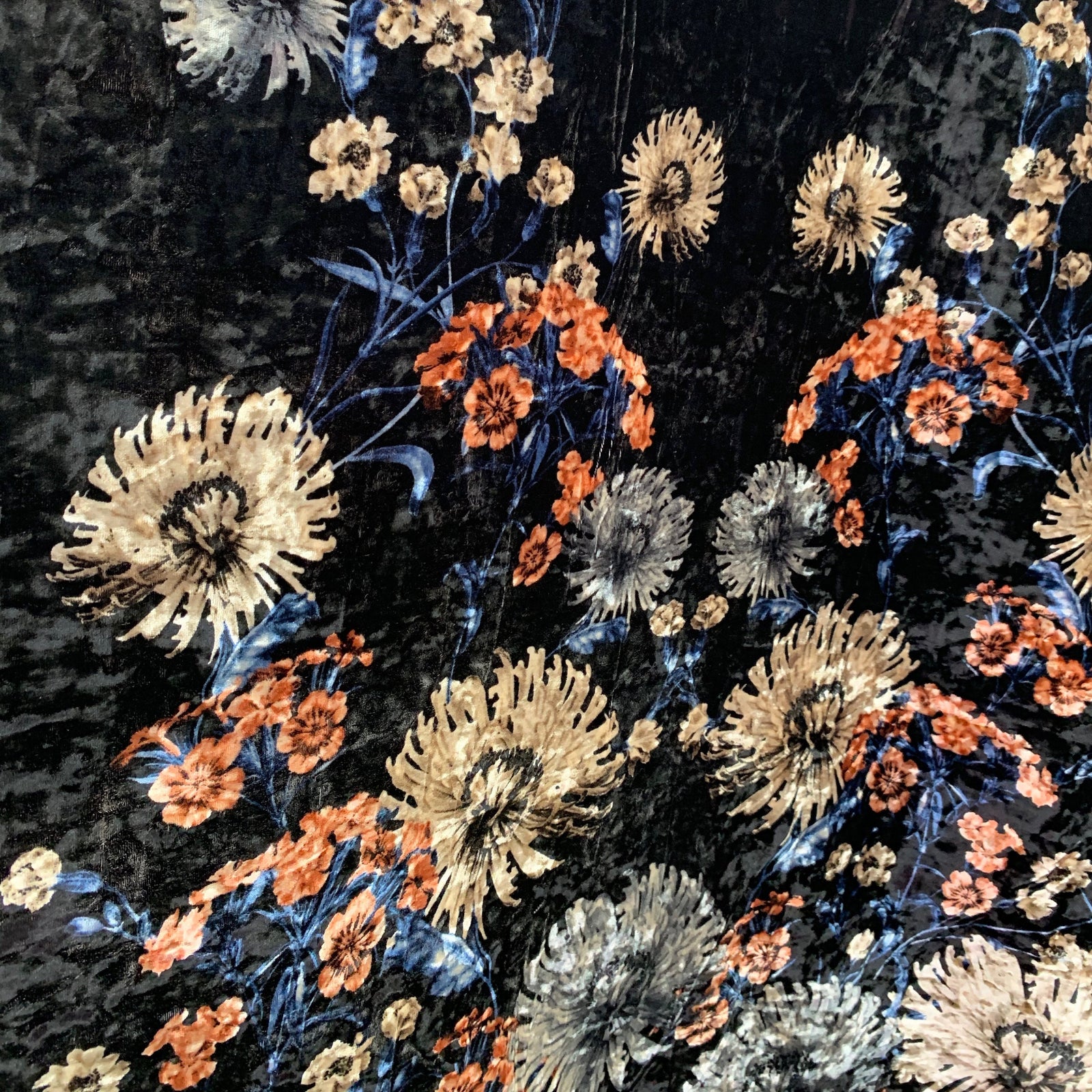 Beatrice FLORAL Print 1 on BLACK Polyester Crushed Stretch Velvet Fabric by the Yard for Tops, Clothes, Dance Wear, Costumes, Crafts - 10168