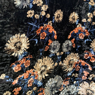 Beatrice FLORAL Print 1 on BLACK Polyester Crushed Stretch Velvet Fabric by the Yard for Tops, Clothes, Dance Wear, Costumes, Crafts - 10168