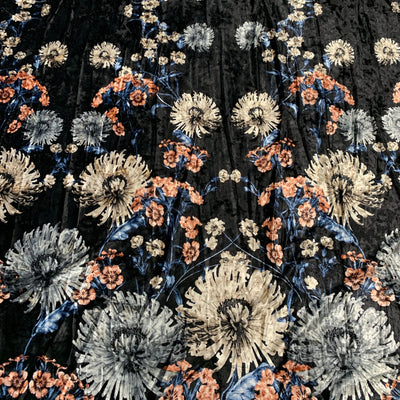 Beatrice FLORAL Print 1 on BLACK Polyester Crushed Stretch Velvet Fabric by the Yard for Tops, Clothes, Dance Wear, Costumes, Crafts - 10168