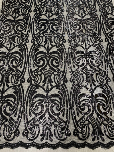 Elsie BLACK Curlicue Sequins on Mesh Lace Fabric by the Yard - 10112