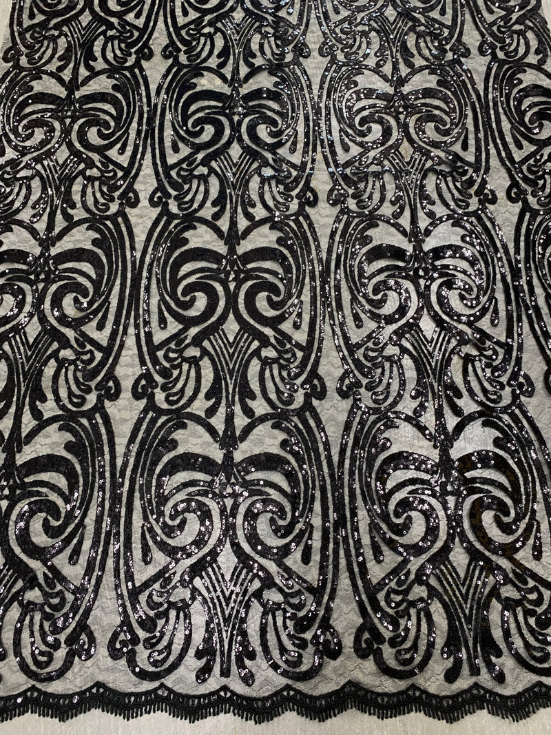Elsie BLACK Curlicue Sequins on Mesh Lace Fabric by the Yard - 10112