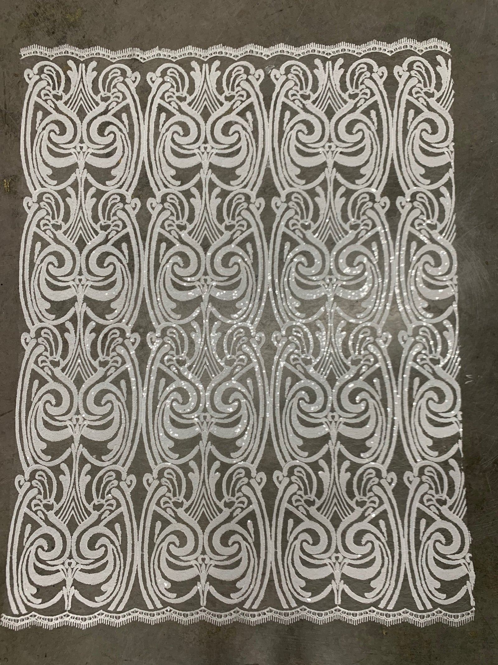 Elsie WHITE Curlicue Sequins on Mesh Lace Fabric by the Yard - 10112