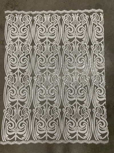 Elsie WHITE Curlicue Sequins on Mesh Lace Fabric by the Yard - 10112
