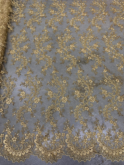 Melody GOLD Polyester Floral Embroidery with Sequins on Mesh Lace Fabric by the Yard for Gown, Wedding, Bridesmaid, Prom - 10002