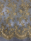 Melody GOLD Polyester Floral Embroidery with Sequins on Mesh Lace Fabric by the Yard for Gown, Wedding, Bridesmaid, Prom - 10002
