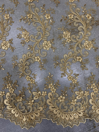 Melody GOLD Polyester Floral Embroidery with Sequins on Mesh Lace Fabric by the Yard for Gown, Wedding, Bridesmaid, Prom - 10002