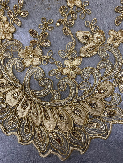 Melody GOLD Polyester Floral Embroidery with Sequins on Mesh Lace Fabric by the Yard for Gown, Wedding, Bridesmaid, Prom - 10002