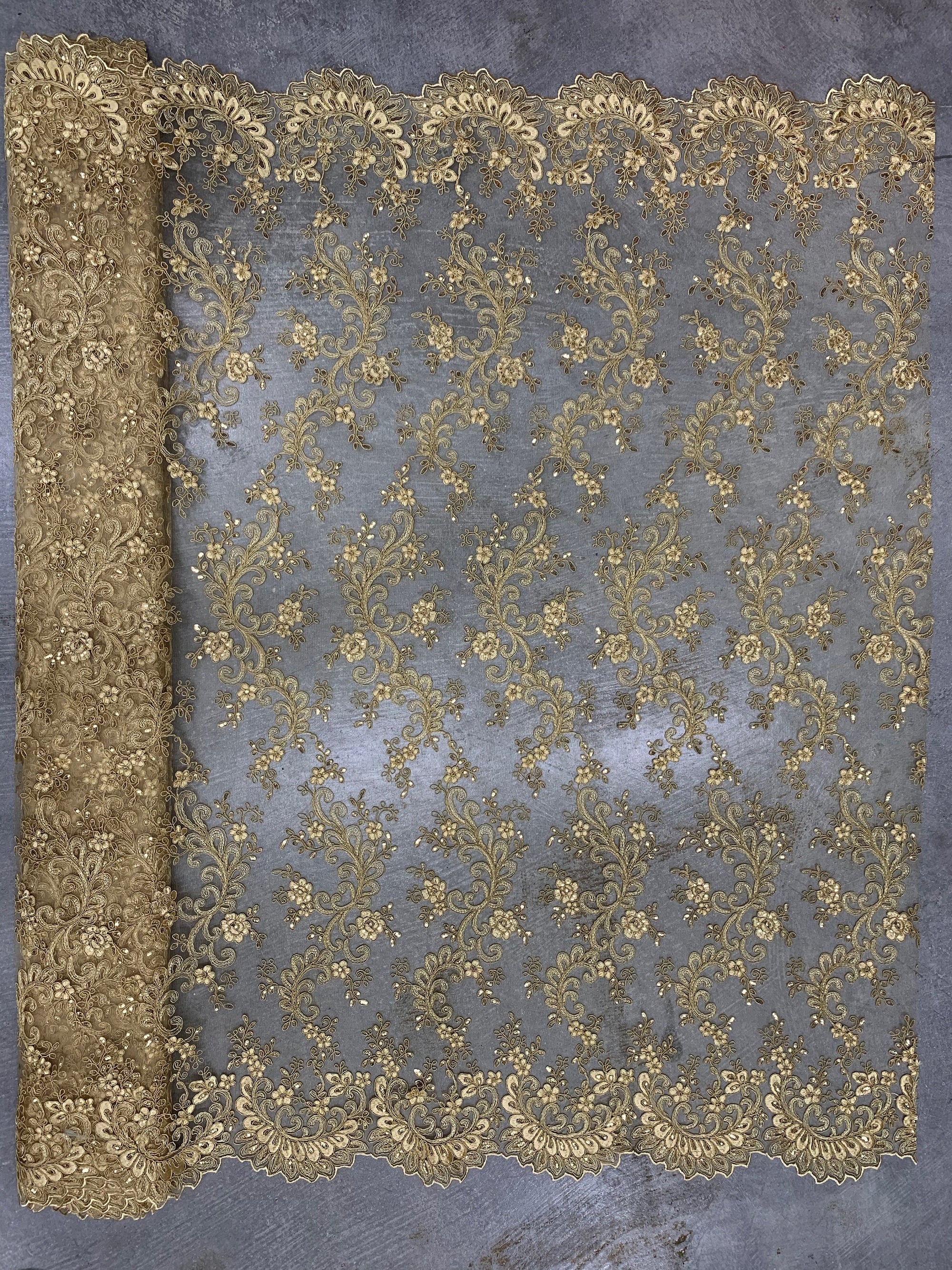 Melody GOLD Polyester Floral Embroidery with Sequins on Mesh Lace Fabric by the Yard for Gown, Wedding, Bridesmaid, Prom - 10002