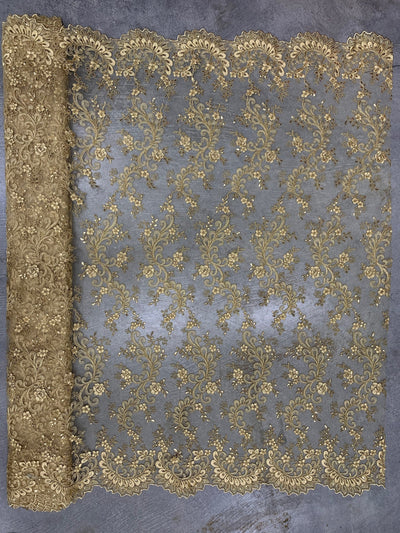 Melody GOLD Polyester Floral Embroidery with Sequins on Mesh Lace Fabric by the Yard for Gown, Wedding, Bridesmaid, Prom - 10002