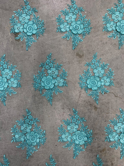 Alessia AQUA Polyester 3D Floral Embroidery on Mesh Lace Fabric by the Yard - 10174