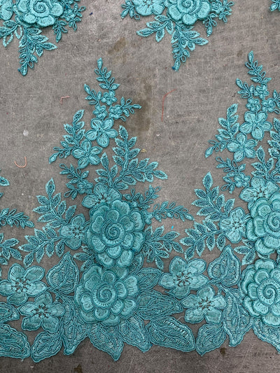 Alessia AQUA Polyester 3D Floral Embroidery on Mesh Lace Fabric by the Yard - 10174
