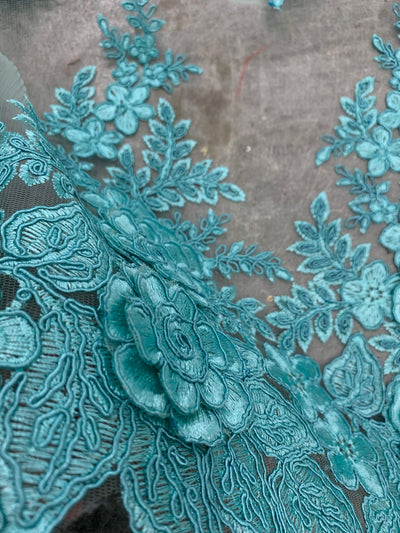Alessia AQUA Polyester 3D Floral Embroidery on Mesh Lace Fabric by the Yard - 10174