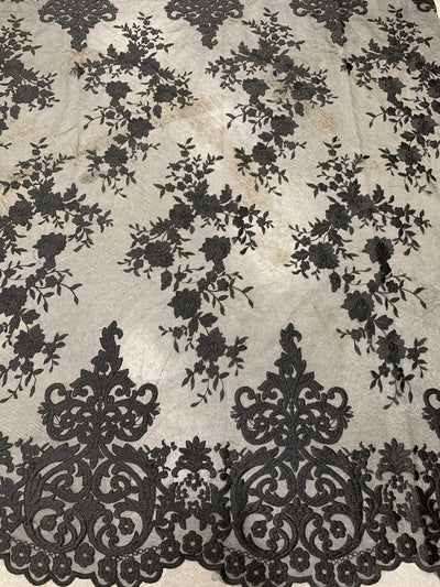Teagan BLACK Damask Design Embroidered on Mesh Lace Fabric by the Yard - 10027