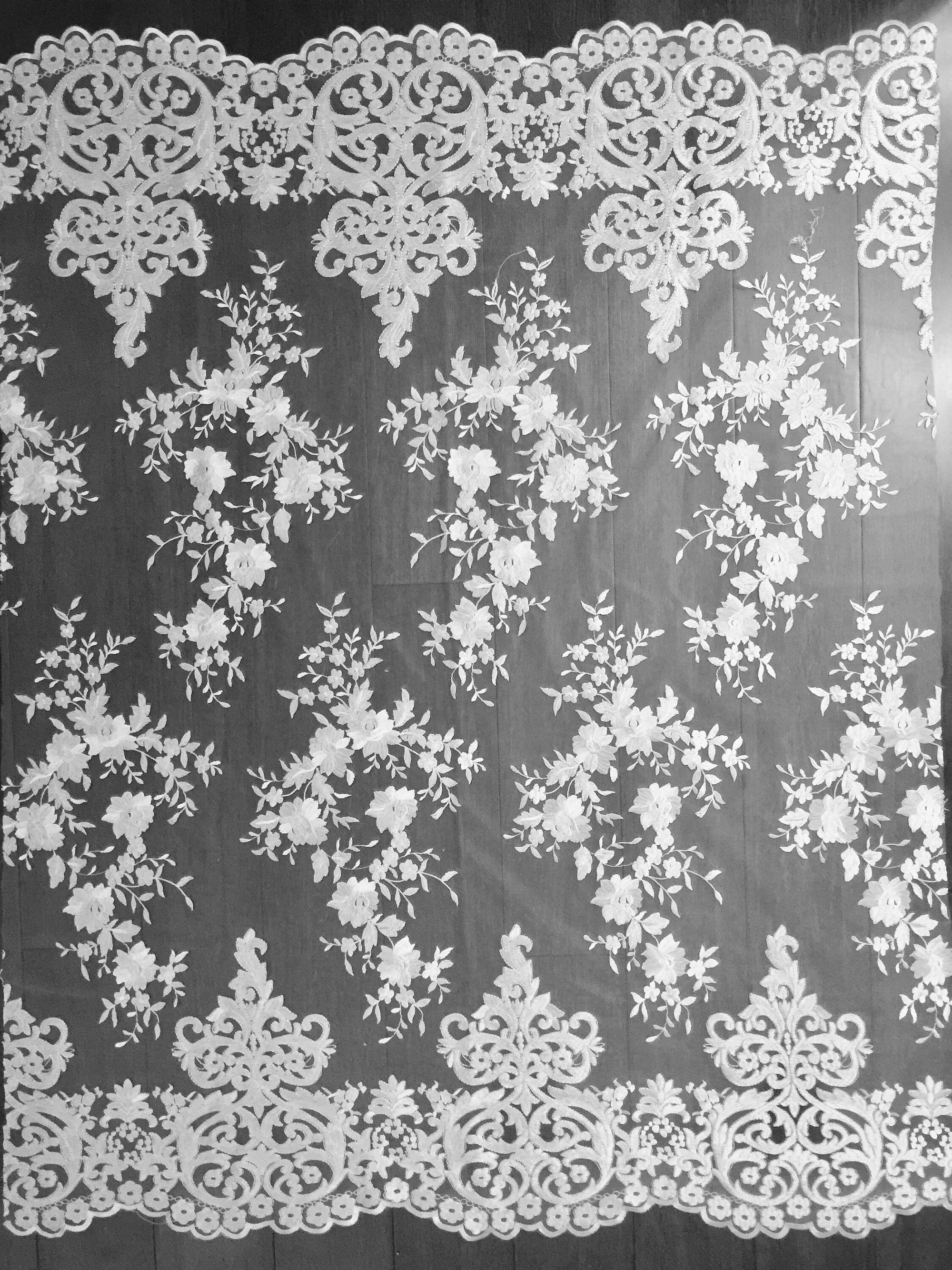 Teagan WHITE Damask Design Embroidered on Mesh Lace Fabric by the Yard - 10027
