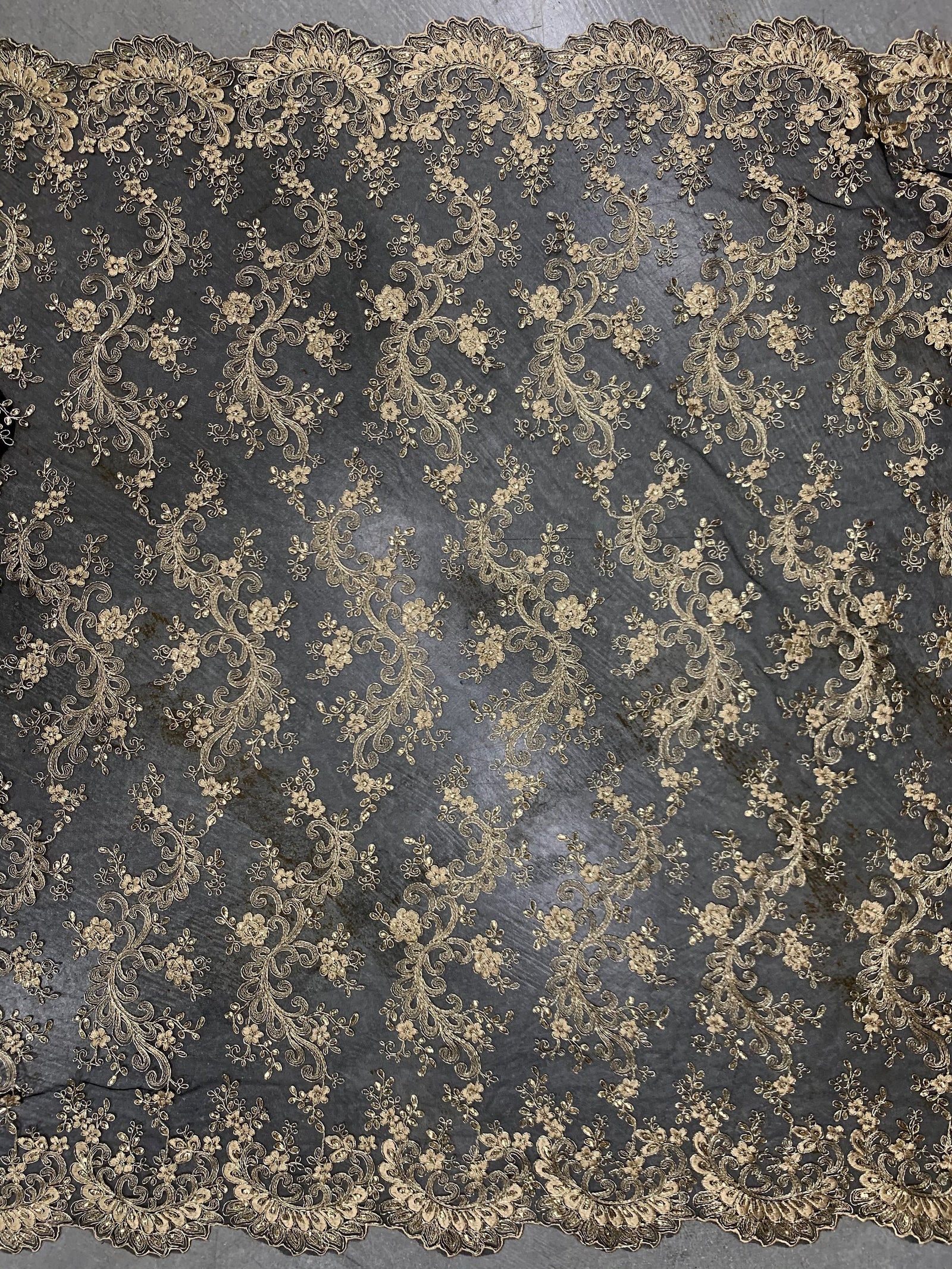 Melody GOLD Polyester Floral Embroidery with Sequins on BLACK Mesh Lace Fabric by the Yard for Gown, Wedding, Bridesmaid, Prom - 10002