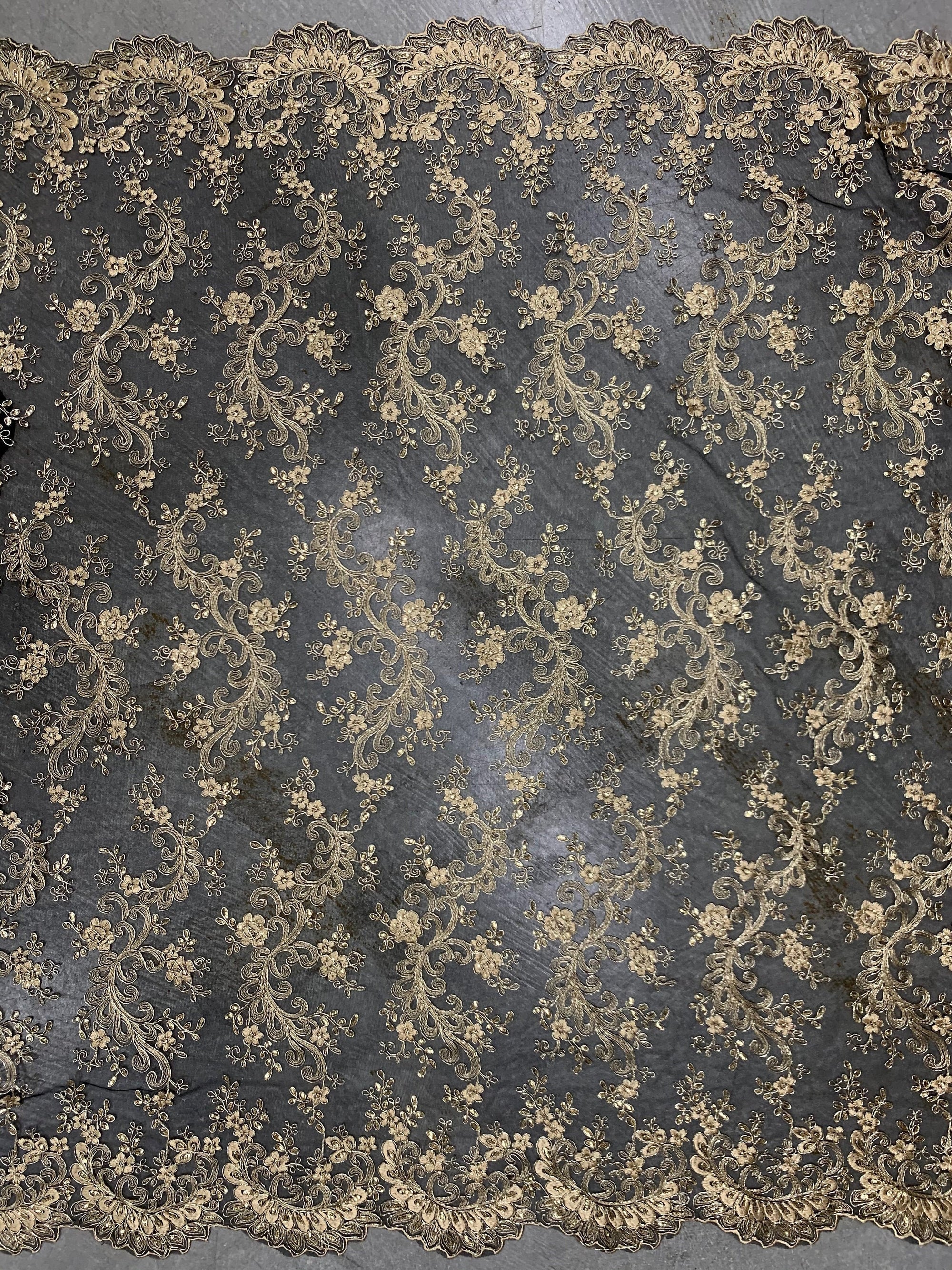 Melody GOLD Polyester Floral Embroidery with Sequins on BLACK Mesh Lace Fabric by the Yard for Gown, Wedding, Bridesmaid, Prom - 10002