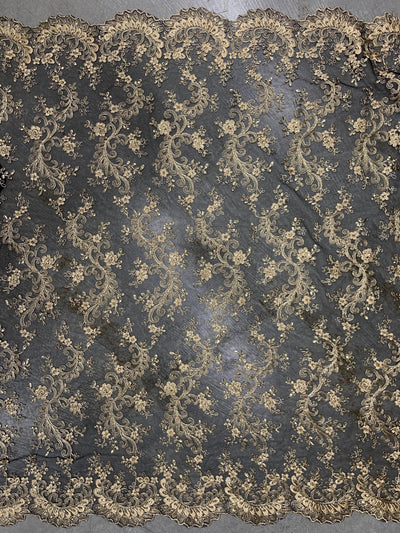 Melody GOLD Polyester Floral Embroidery with Sequins on BLACK Mesh Lace Fabric by the Yard for Gown, Wedding, Bridesmaid, Prom - 10002